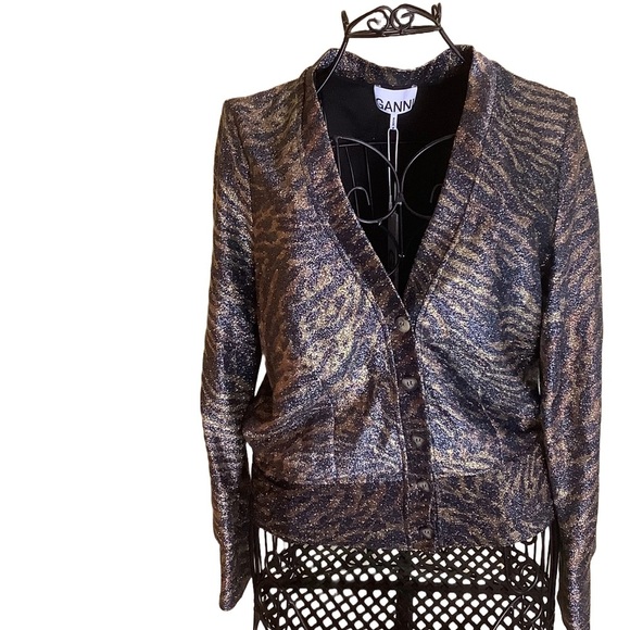 NEW WITH TAGS GANNI Animal Leopard Print Metallic V-Neck Cardigan Sweater sz 40 - Picture 1 of 16